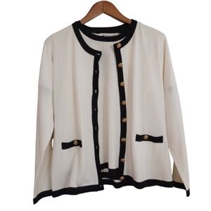 Appleseed's White Cardigan Black Trim Gold Accents Tops Set Classic Traditional